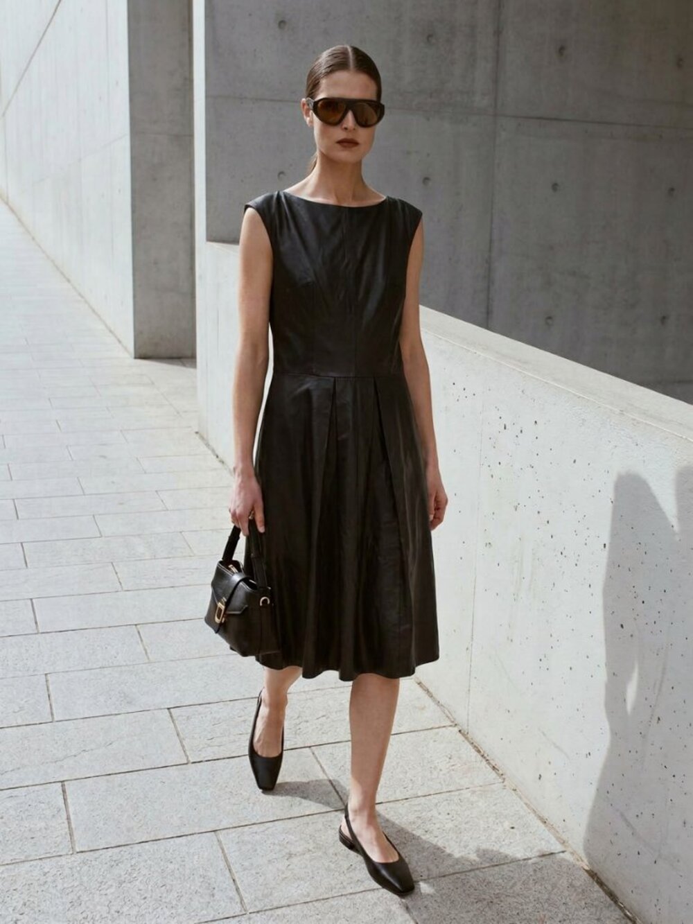 Hugo Boss Black Leather Minimalist Midi Length Dress Size 8